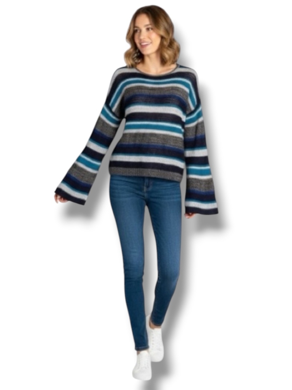 Alley & Gabby 212NY Y2K Vintage Sweater Blue Striped Cropped Bell Sleeves Size L